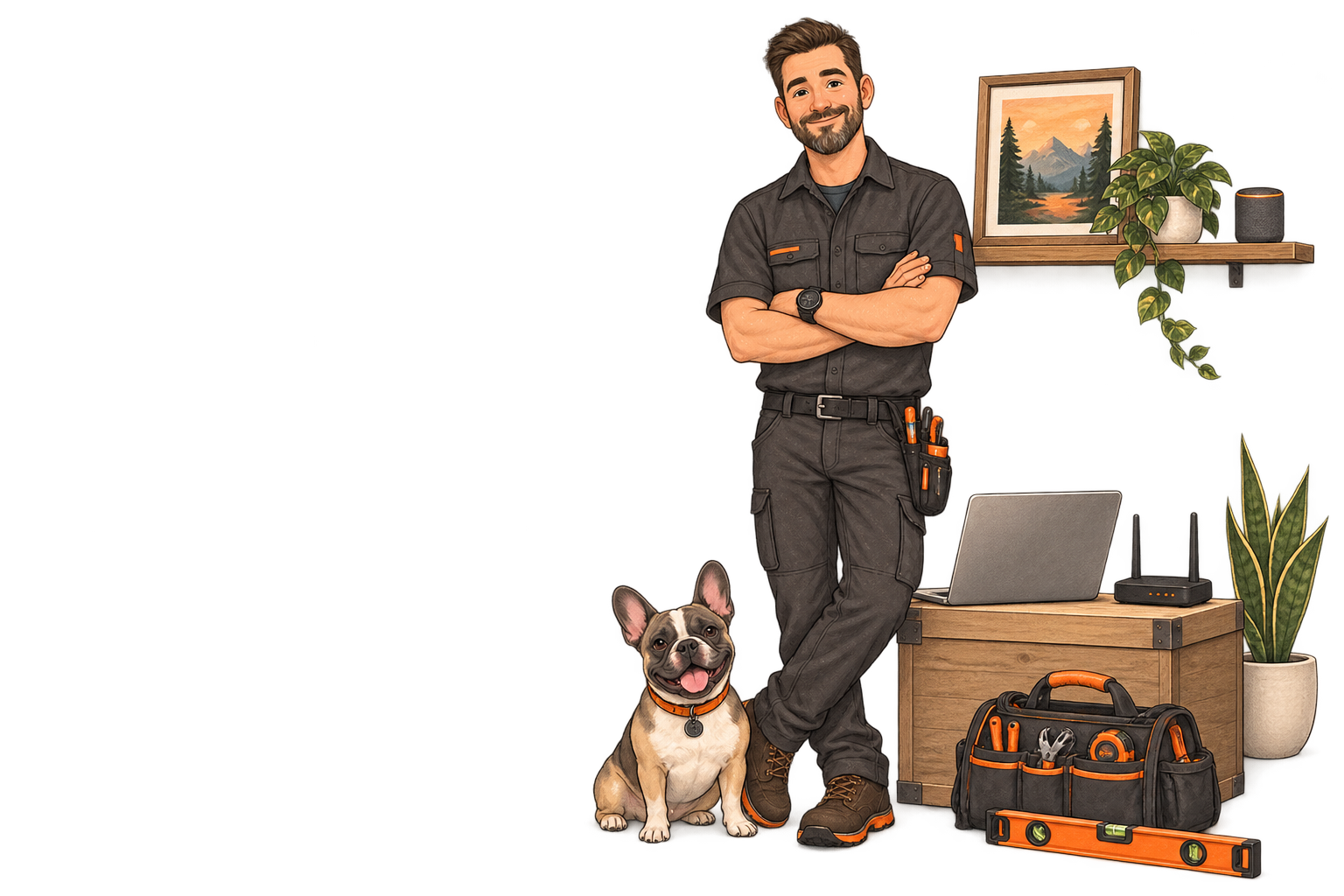 Illustrated Sisell service professional with a French Bulldog and tools