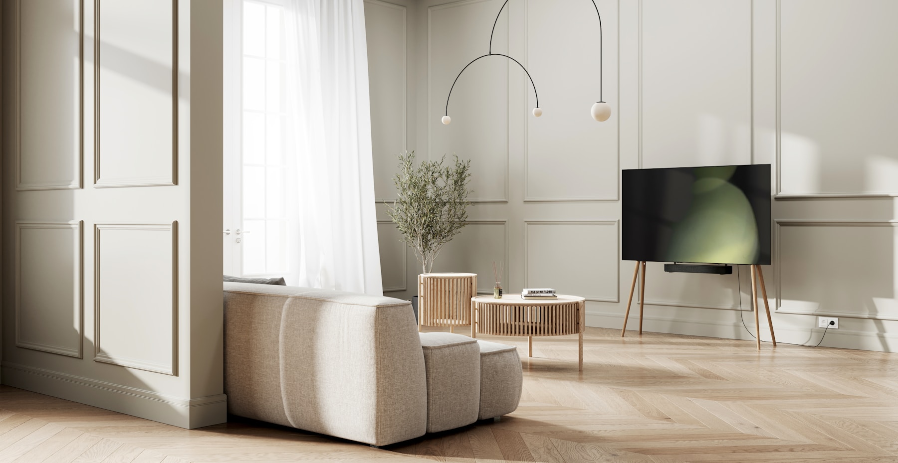Bright modern living room with a television and clean entertainment setup